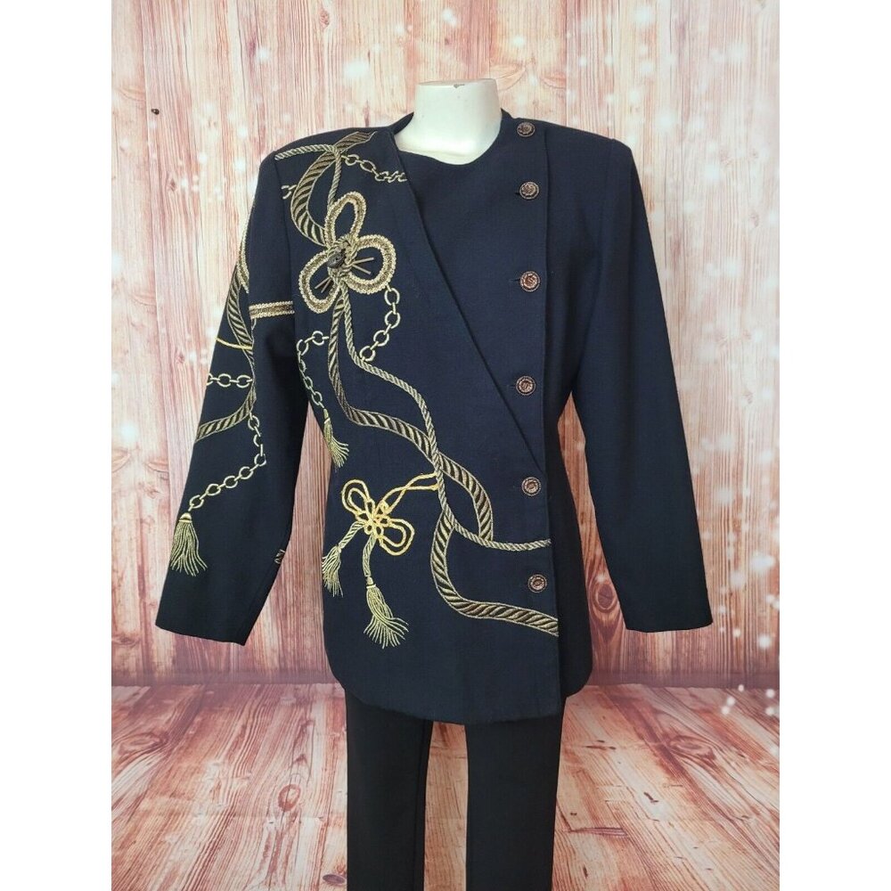 Vintage Anne French Women Black Wool Jacket Embroidered Beaded Work Size 10